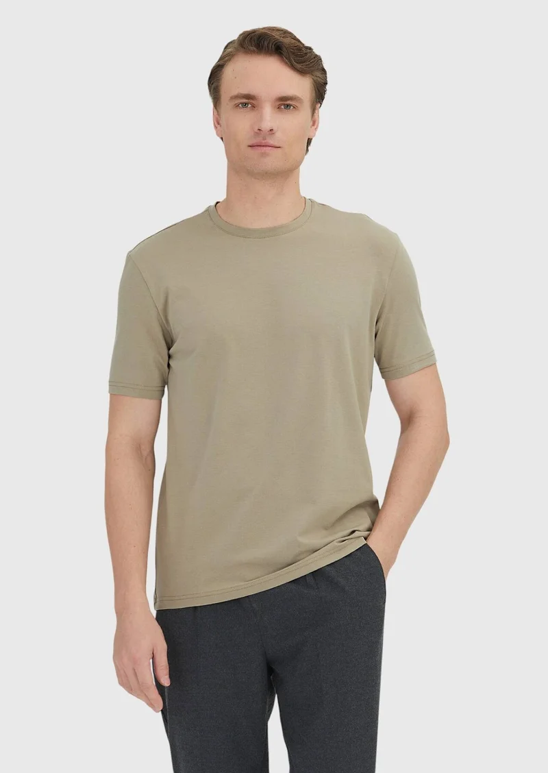 RAMSEY Buff Plain Crew Neck Cotton Blended T-Shirt
