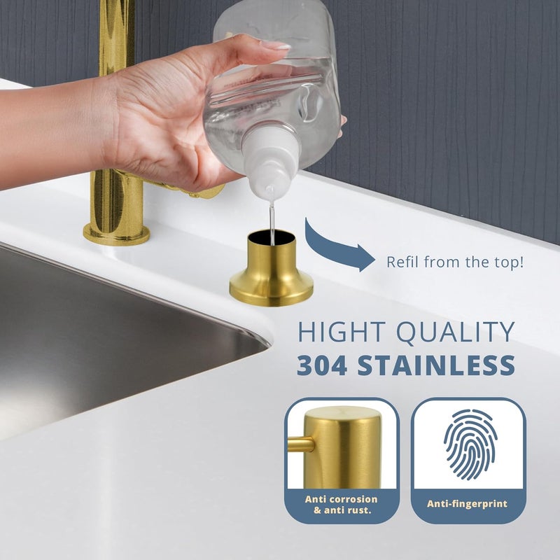 Sben Built-in Kitchen Sink Soap or Lotion Dispenser Set, Stainless Steel, Gold Brushed Pump, 17 oz PET Bottle, Durable ABS Head, 360° Rotation (Gold Brushed) - Image 5