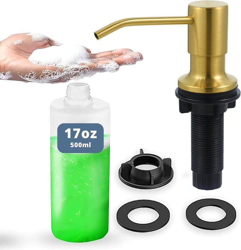 Sben Built-in Kitchen Sink Soap or Lotion Dispenser Set, Stainless Steel, Gold Brushed Pump, 17 oz PET Bottle, Durable ABS Head, 360° Rotation (Gold Brushed) - Image 1