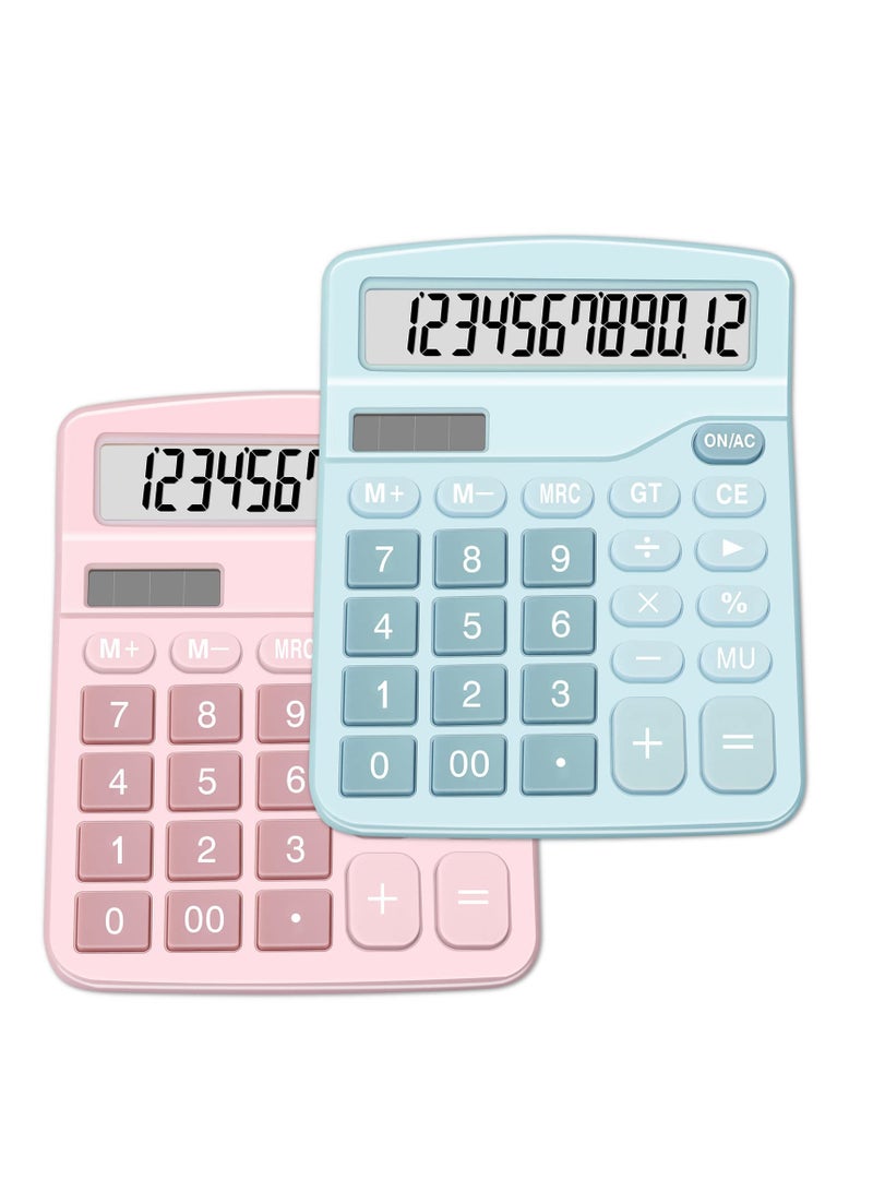 2 Pack Solar Battery Calculators, Standard Functional Desktop Calculators, 12 Digit Extra Large LCD Display, Suitable for Office, Home, School (Blue, Pink) - Image 1