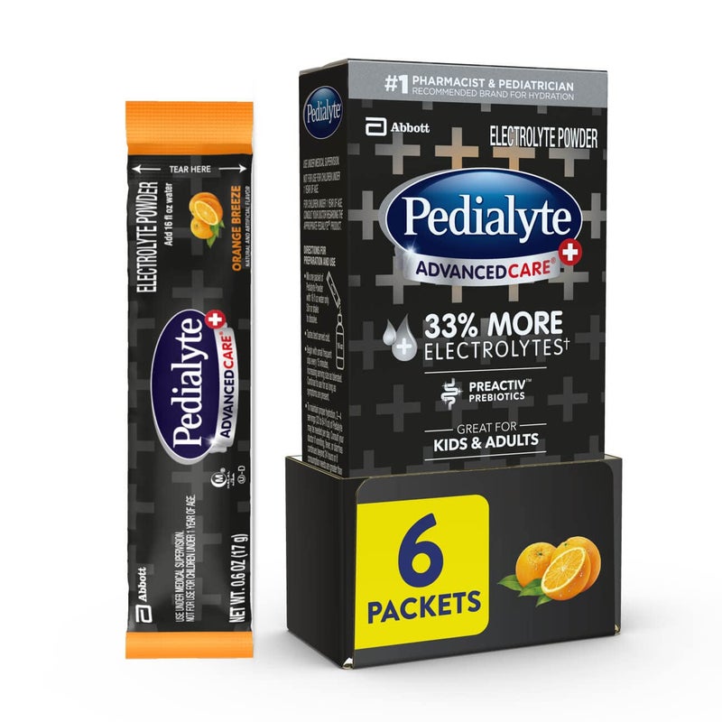 Pedialyte AdvancedCare Plus Electrolyte Powder, Has 33% More Electrolytes and PreActiv Prebiotics, Orange Breeze, 6 Powder Packets - Image 1