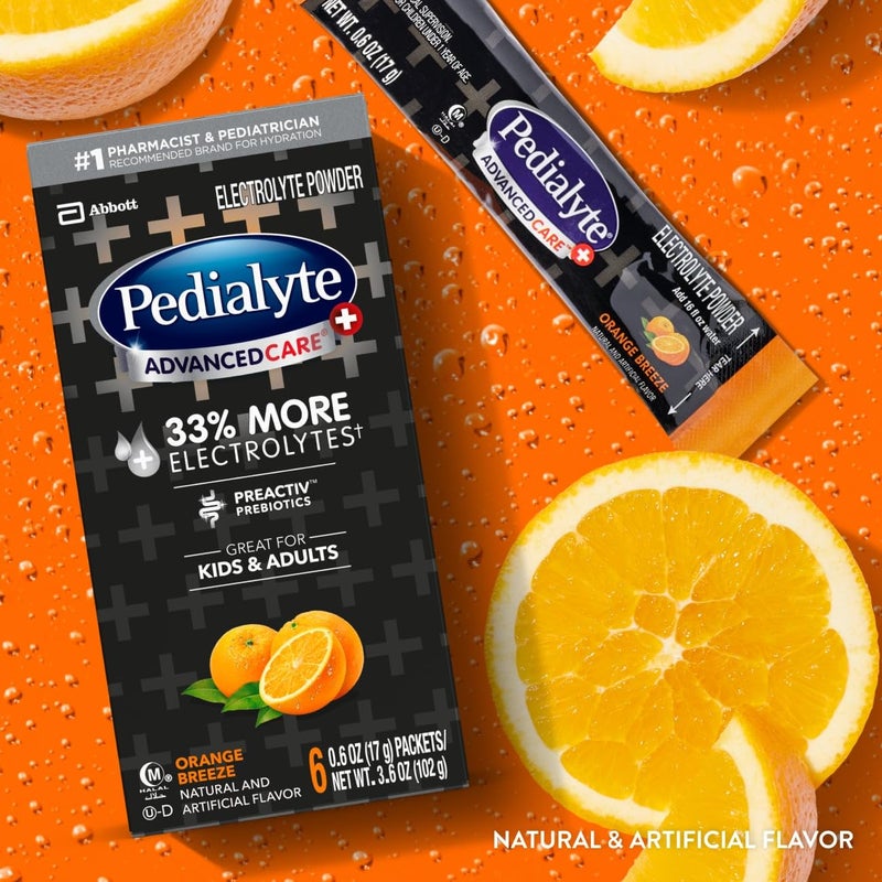 Pedialyte AdvancedCare Plus Electrolyte Powder, Has 33% More Electrolytes and PreActiv Prebiotics, Orange Breeze, 6 Powder Packets - Image 2