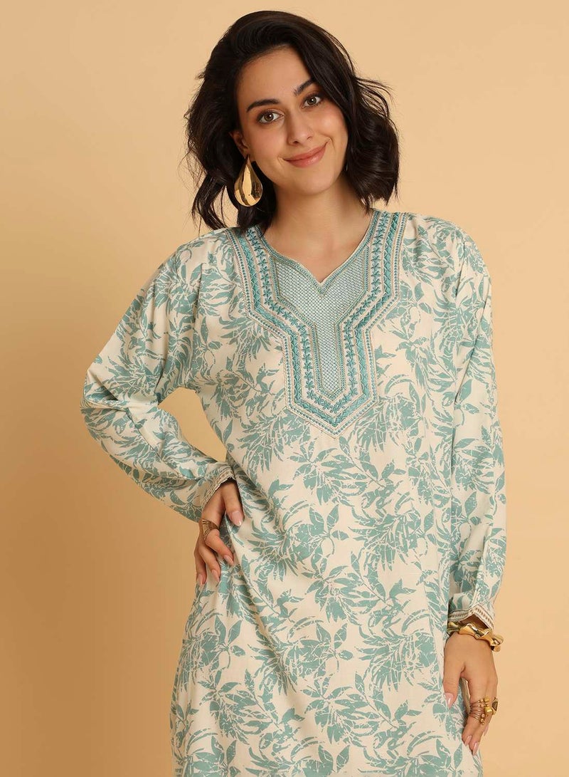 HANA & SARA Elegant Floral Arabic Jalabiya with Embroidered V-Neck - Image 3