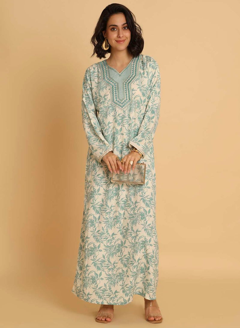 HANA & SARA Elegant Floral Arabic Jalabiya with Embroidered V-Neck - Image 1