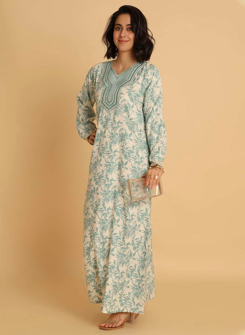 HANA & SARA Elegant Floral Arabic Jalabiya with Embroidered V-Neck - Image 4