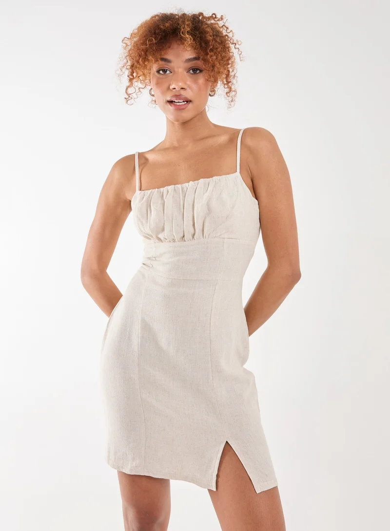 Pink Vanilla Linen Ruched Strappy Mini Dress