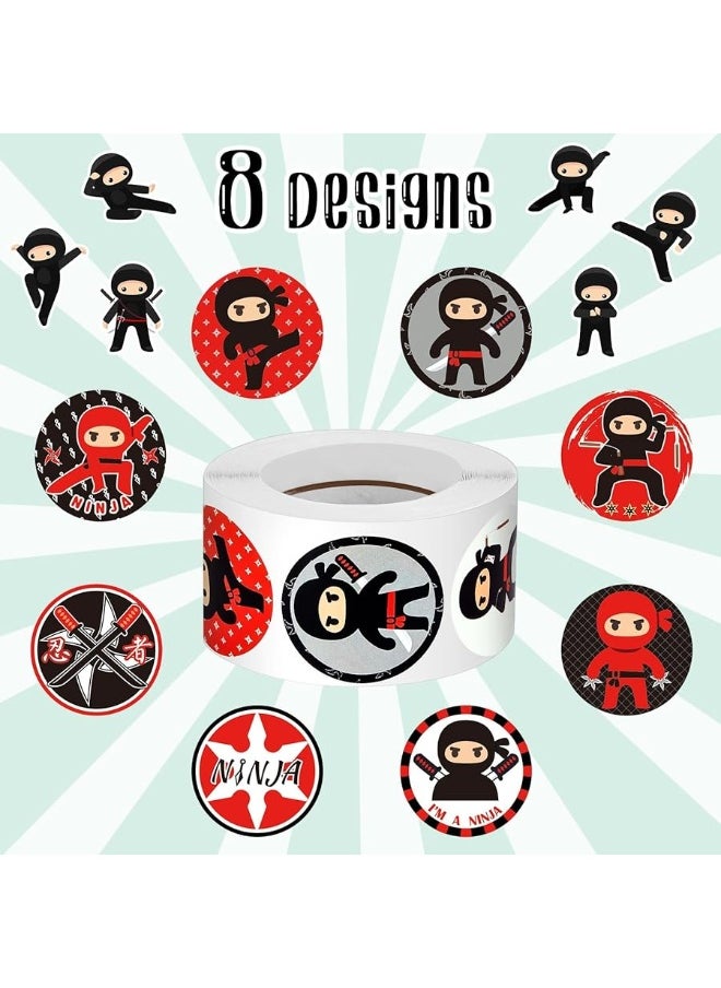 Leinuosen Leinuosen 500 Pcs Ninja Stickers Ninja Party Favors Warrior Ninja Themed Sticker Roll Round Ninja Sticker Vinyl Karate Sticker for Kids Teens Birthday Party Supplies, 1.5 Inch, One Roll, Red and Black  - Image 1