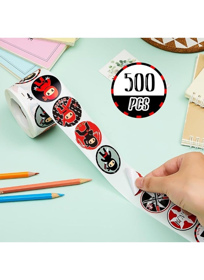 Leinuosen Leinuosen 500 Pcs Ninja Stickers Ninja Party Favors Warrior Ninja Themed Sticker Roll Round Ninja Sticker Vinyl Karate Sticker for Kids Teens Birthday Party Supplies, 1.5 Inch, One Roll, Red and Black  - Image 3