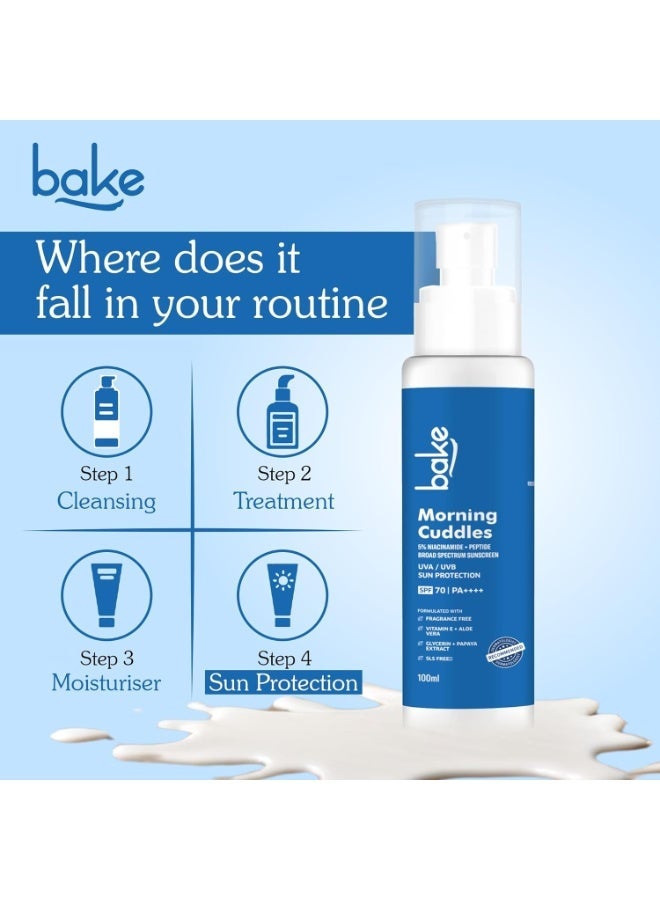 BAKE 5% Niacinamide Sunscreen SPF 70 PA+++ with Peptide | UV/A & B, Blue Light Protection | For Oily Acne Prone Skin | Zero peeling | Broad Spectrum Sunscreen | No White Cast | 100g - Image 2