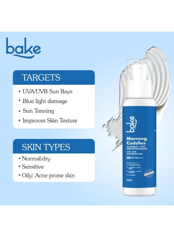 BAKE 5% Niacinamide Sunscreen SPF 70 PA+++ with Peptide | UV/A & B, Blue Light Protection | For Oily Acne Prone Skin | Zero peeling | Broad Spectrum Sunscreen | No White Cast | 100g - Image 3
