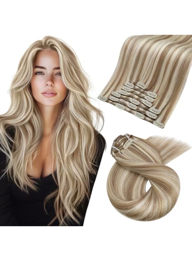 Moresoo Blonde Highlight Clip in Hair Extensions Long Straight Real Hair Extensions Clip in Human Hair Dark Light Brown Mixed with Platinum Blonde for Party HeatStylable Double Weft 120g7pcs 20inch - Image 1