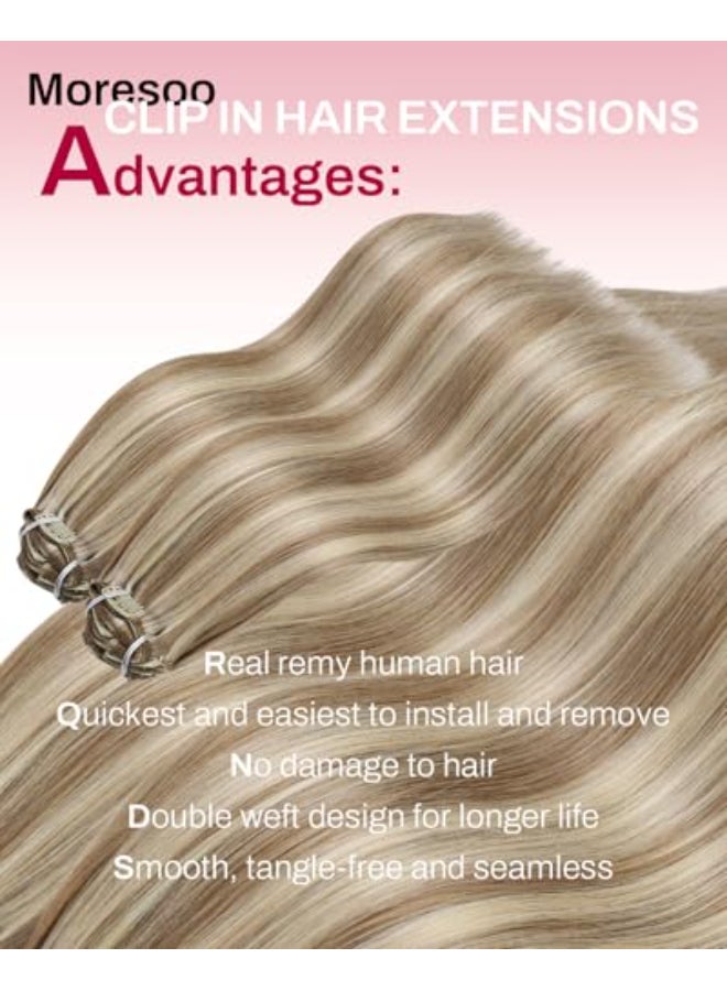 Moresoo Blonde Highlight Clip in Hair Extensions Long Straight Real Hair Extensions Clip in Human Hair Dark Light Brown Mixed with Platinum Blonde for Party HeatStylable Double Weft 120g7pcs 20inch - Image 3