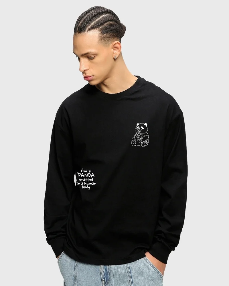 بيواكوف تيشيرت رجالي أسود بطبعة باندا واسع