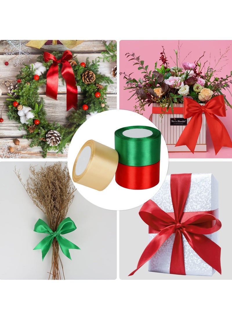 KASTWAVE 3 Rolls Wide Satin Ribbon Double Face Polyester Satin Ribbon Wide Solid Satin Ribbon for DIY Bows Decoration Wedding School Start Wreath Crafts Making (Red, Green, Gold, 1.6 Inch) - Image 3
