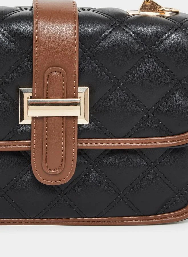 Styli Black Quilted Handbag with Belt Buckle Detail