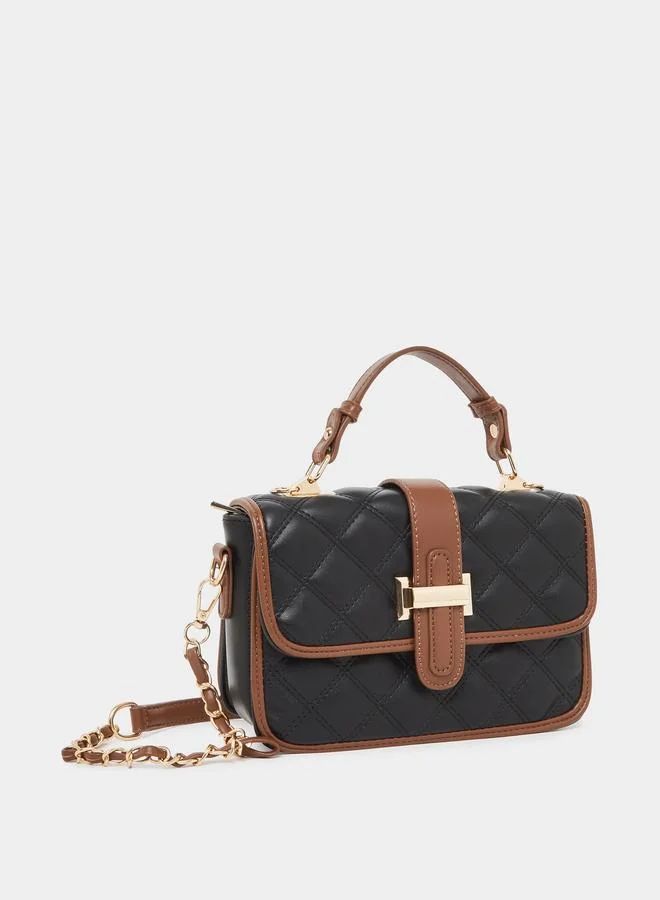 Styli Black Quilted Handbag with Belt Buckle Detail