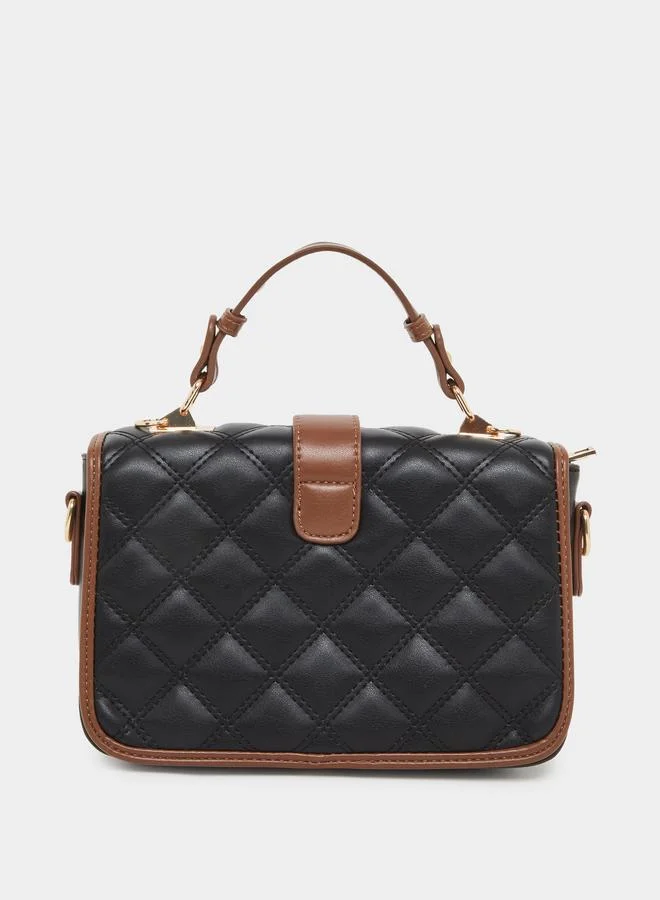 Styli Black Quilted Handbag with Belt Buckle Detail
