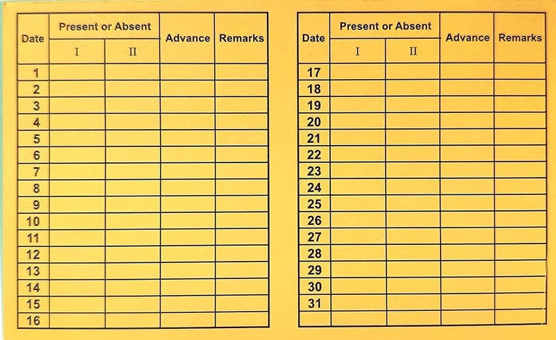 JSMSH Daily Attendance Report for Daily Payroll WagesAttendance Card for Monthly Attendance and Calculation of WagesMix Color Attendance Report Medium Pack of 50 - Image 1