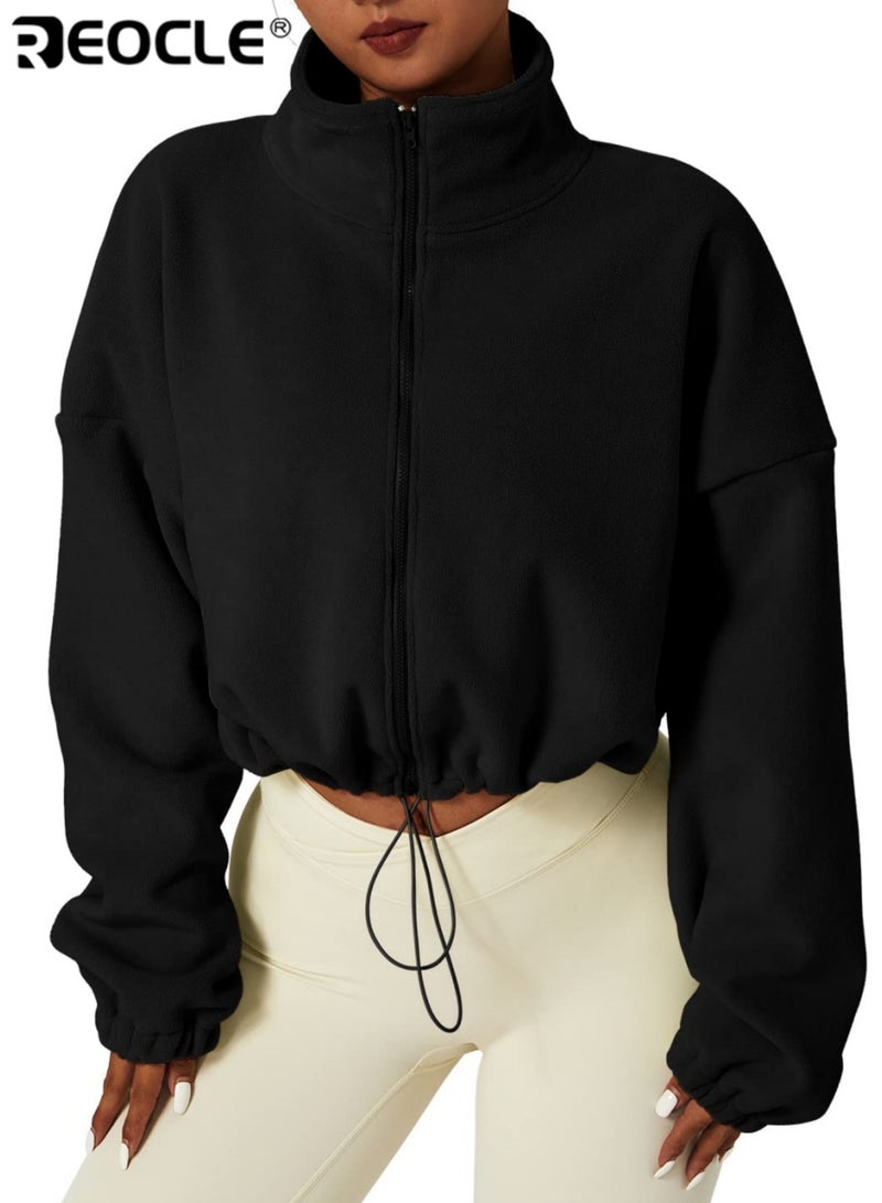 ريوكل جاكيت فليس كامل بسحاب للنساء دافئ شتوي ناعم مبطن بشيربا بكم طويل ياقة مرتفعة سترة مخصرة حرارية للخارج للمشي في الطبيعة والتخييم والارتداء اليومي للنساء - Image 1