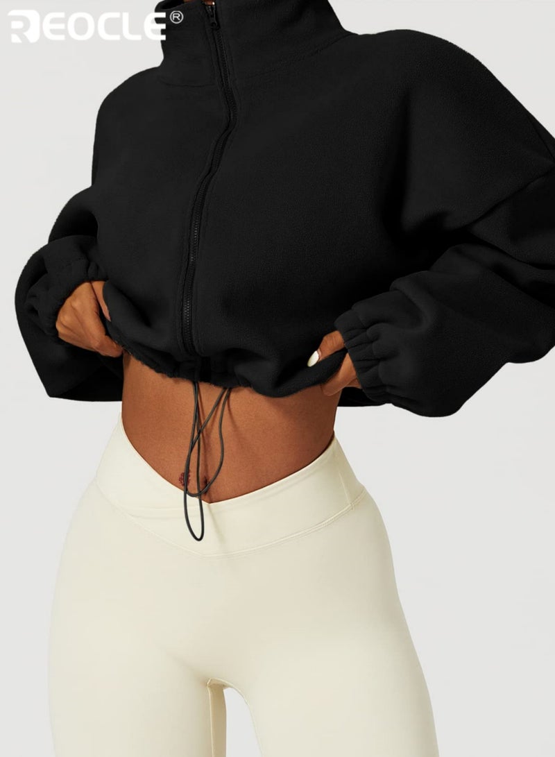 ريوكل جاكيت فليس كامل بسحاب للنساء دافئ شتوي ناعم مبطن بشيربا بكم طويل ياقة مرتفعة سترة مخصرة حرارية للخارج للمشي في الطبيعة والتخييم والارتداء اليومي للنساء - Image 2