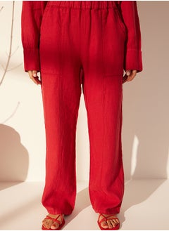 trendyol Red 100% Linen Pocket Detailed High Waist Wide Leg Trousers TWOSS24JE00247  - Image 4