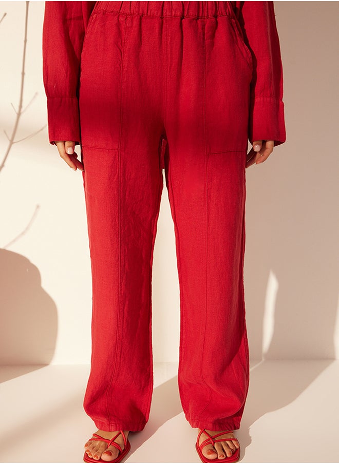 trendyol Red 100% Linen Pocket Detailed High Waist Wide Leg Trousers TWOSS24JE00247  - Image 4