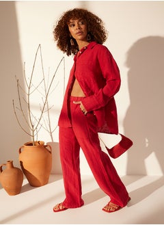 trendyol Red 100% Linen Pocket Detailed High Waist Wide Leg Trousers TWOSS24JE00247  - Image 2