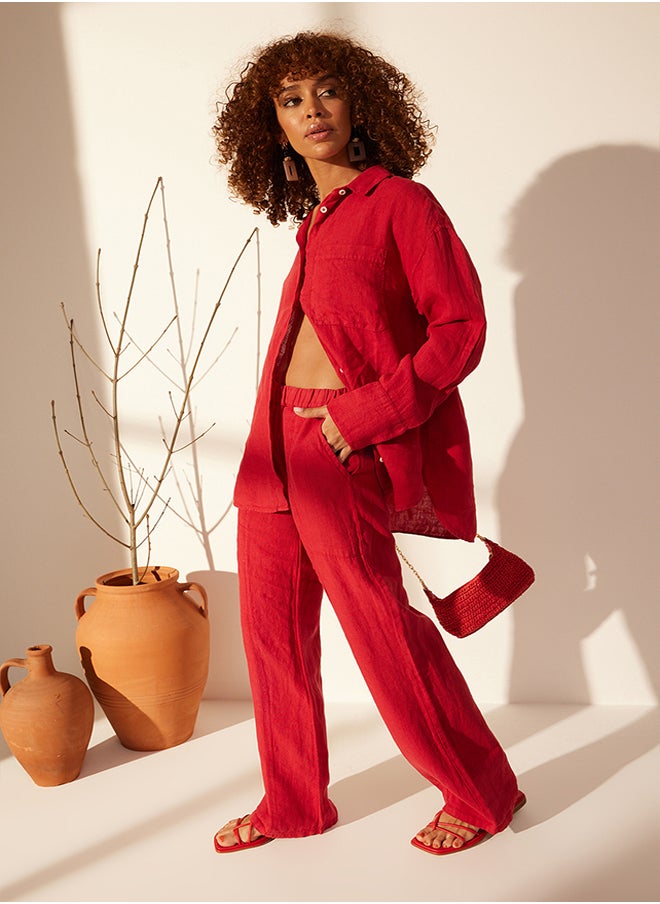 trendyol Red 100% Linen Pocket Detailed High Waist Wide Leg Trousers TWOSS24JE00247  - Image 2