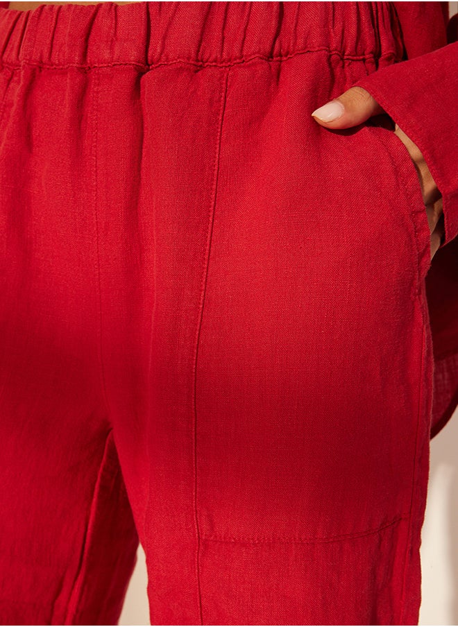 trendyol Red 100% Linen Pocket Detailed High Waist Wide Leg Trousers TWOSS24JE00247  - Image 5