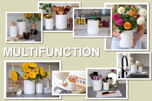 25DOL Large 7.3"+5.4" Engraved Ceramic Utensil Holder for Countertop, Cooking Utensils Organizer for Spatula, Large Utensils Crock for Kitchen Counter, Kitchen Decor, set of 2, White - Image 4