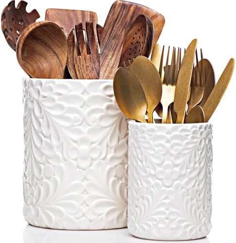 25DOL Large 7.3"+5.4" Engraved Ceramic Utensil Holder for Countertop, Cooking Utensils Organizer for Spatula, Large Utensils Crock for Kitchen Counter, Kitchen Decor, set of 2, White - Image 1