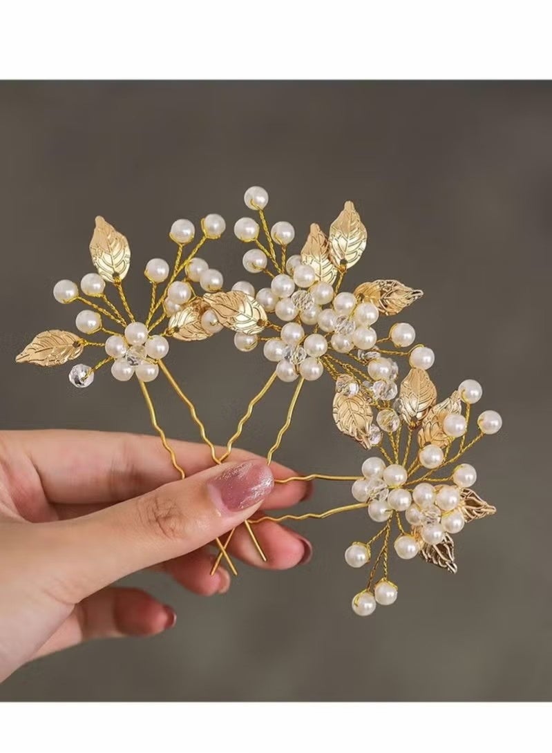 Pearl Bride Wedding Hair Pins, 3Pcs Leaf Bridal Head Piece Flower Hair Accessories for Women and Girls - Image 1
