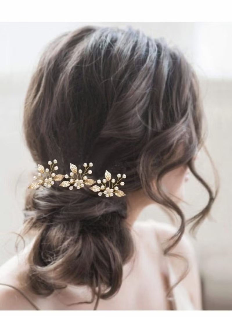 Pearl Bride Wedding Hair Pins, 3Pcs Leaf Bridal Head Piece Flower Hair Accessories for Women and Girls - Image 2
