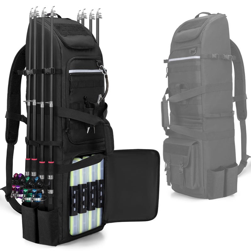 Rexmica Fishing Backpack Holds 8 Rods & Reels, Fishing Tackle Bag with Compartment for Tackle Boxes, Fishing Gear or Equipment, Fishing Rod Case Backpack, Fishing Pole Bag with Tactical Molle System - Image 1