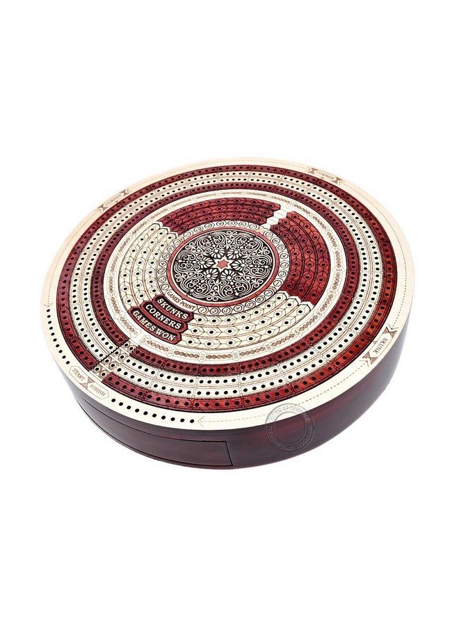 House of Cribbage - 10" Round Shape 4 Tracks Continuous Cribbage Board Maple/Bloodwood - Push Drawer & Place for Skunks, Corners & Won Games - Image 3