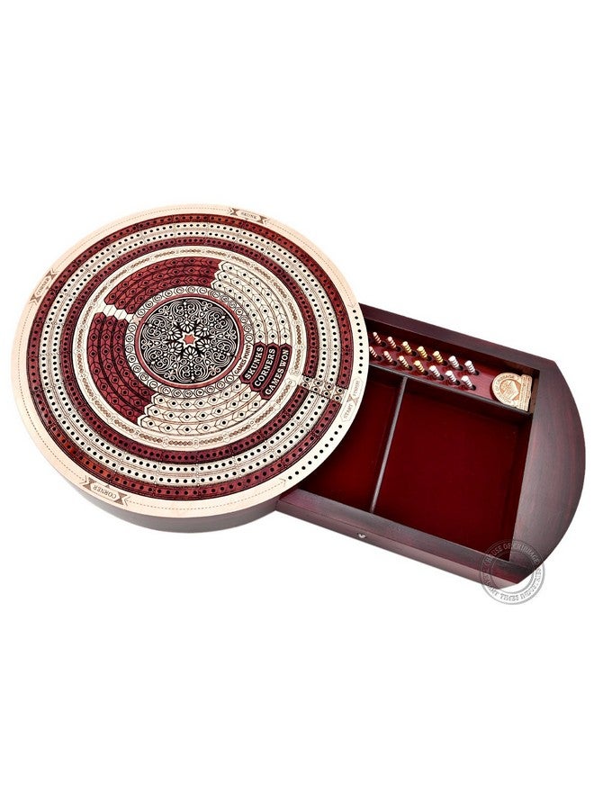 House of Cribbage - 10" Round Shape 4 Tracks Continuous Cribbage Board Maple/Bloodwood - Push Drawer & Place for Skunks, Corners & Won Games - Image 1