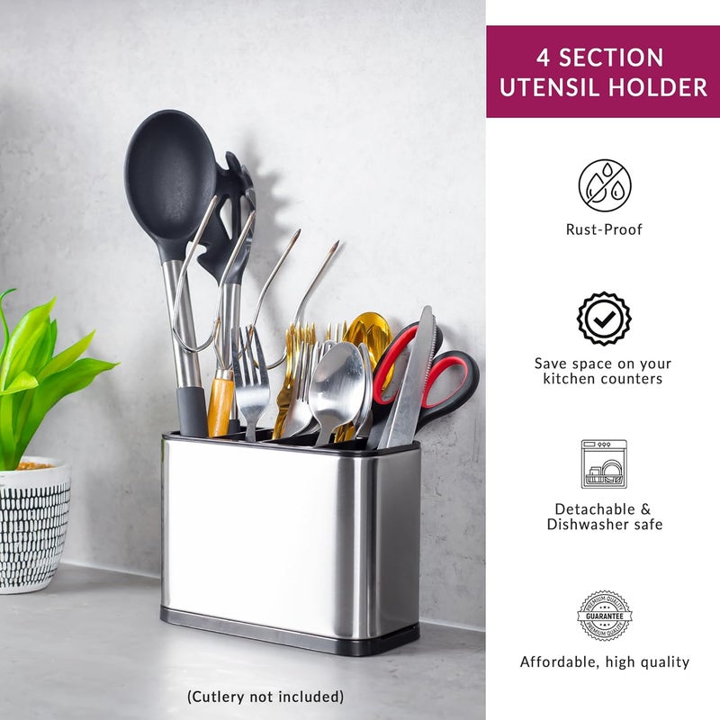 Innoteck Innoteck Essentials Utensil Holder Stainless Steel Kitchen Utensils Organizer Anti Slip Water Draining Design 4 Compartments Rust proof Cutlery Holder For spoons spatulas forks knives  - Image 5