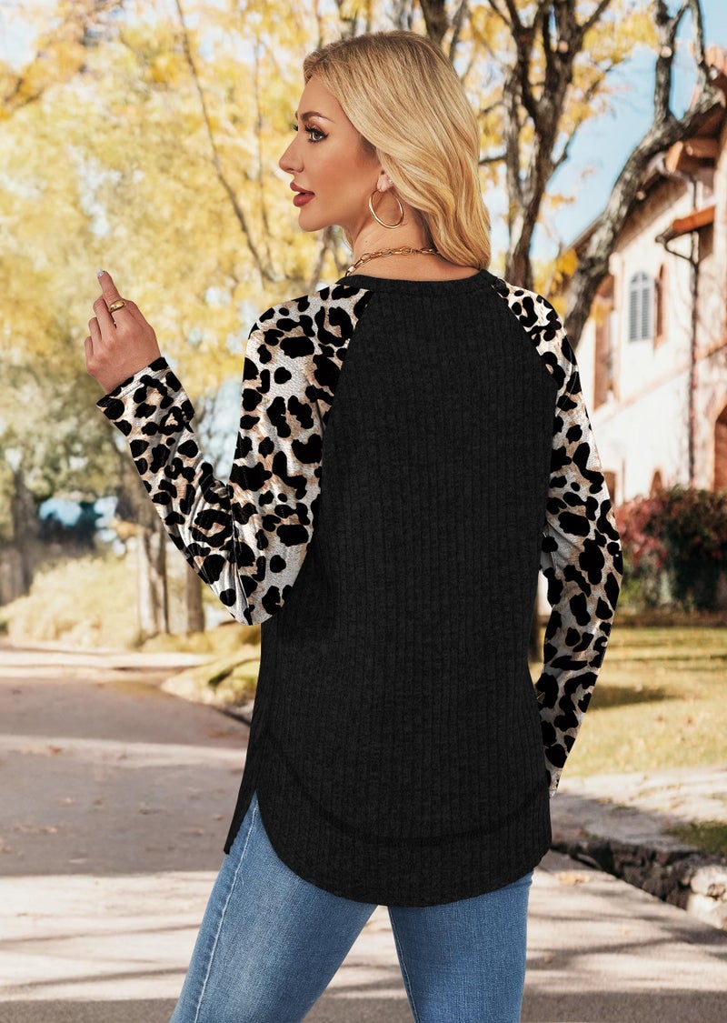 WIHOLL Plus Size Clothes for Women Cozy Fall Fashion Sweaters Lightweight Long Sleeve Tunic Shirts Trendy Tops Leopard Black 2XL - Image 5