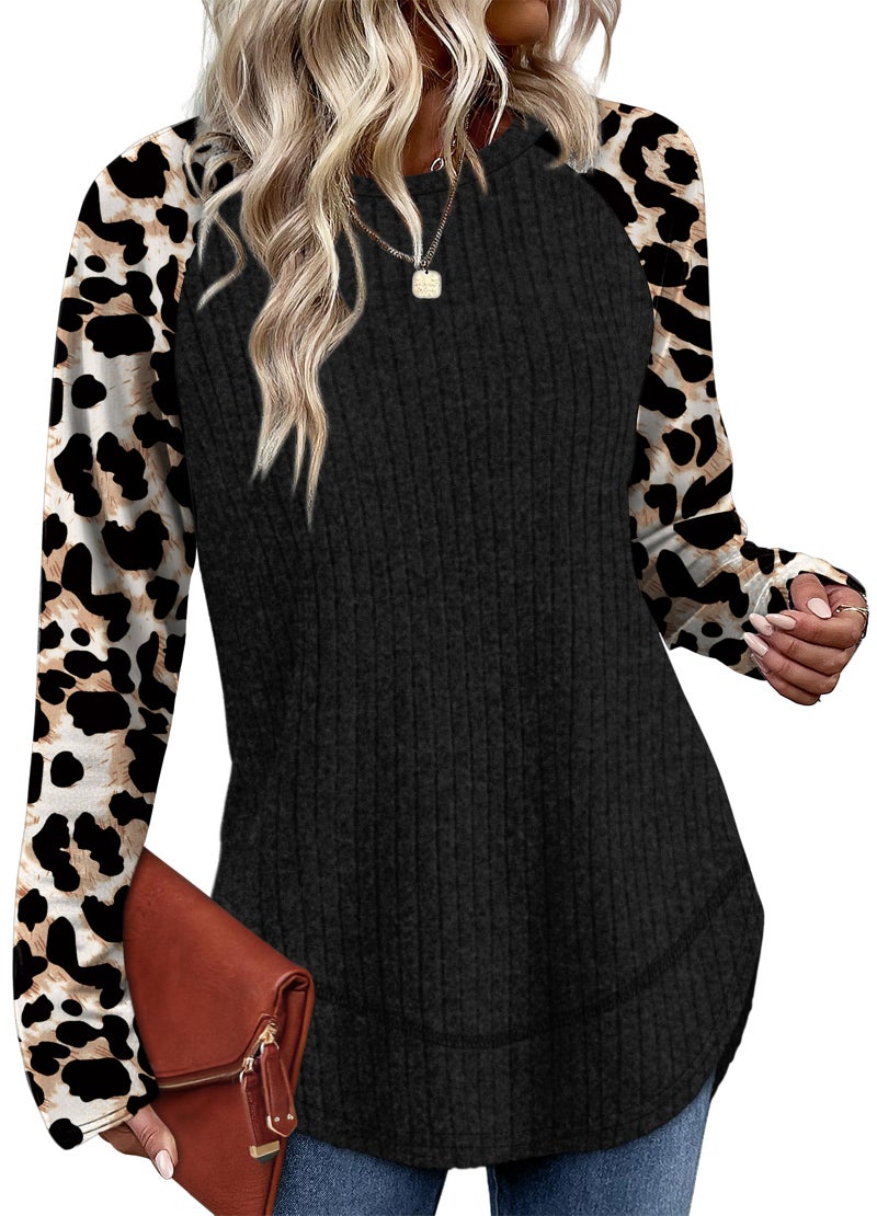 WIHOLL Plus Size Clothes for Women Cozy Fall Fashion Sweaters Lightweight Long Sleeve Tunic Shirts Trendy Tops Leopard Black 2XL - Image 2