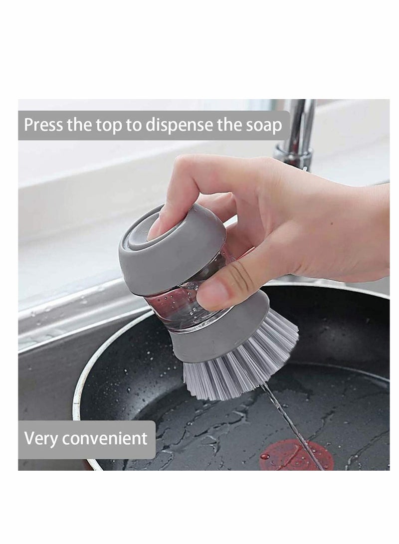 KASTWAVE Soap Dispensing Palm Scrub Brush with Drip Tray, Washing Brush for Dishes Pots Pans Sink Cleaning, Easy to Grip Household Cleaning Brushes, Kitchen Scrubber Storage Stand Set (Gray) - Image 4