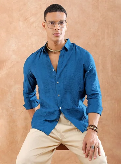 The Indian Garage Co Men Slim Fit Striped Full Sleeves Cutaway Collar Resort Wear Shirt