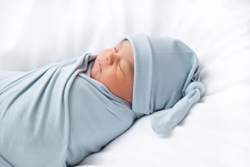 Aijoviko Newborn Swaddle Blanket with Hat Set Baby Swaddle Set Hospital Receiving Blankets for Girls Boys(Babyblue) - Image 2