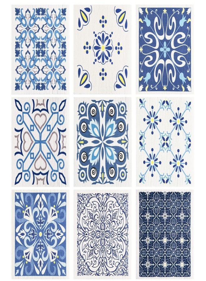 WILLBOND 9 Pieces Blue Style Swedish Kitchen Dishcloths Reusable Absorbent Hand Towels Sponge Cloth for Baking Cooking Kitchen Home Decoration Housewarming Gift - Image 1