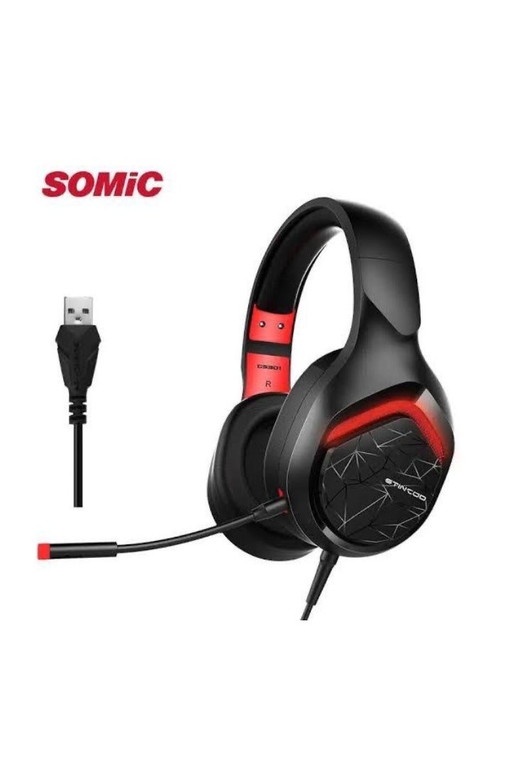 سوميك سماعة رأس للألعاب GS301، صوت محيطي 7.1 ستيريو بمنفذ USB مع ميكروفون قابل للفصل وإضاءة LED لجهاز PS4/PC/الكمبيوتر المحمول/Xbox One - Image 1