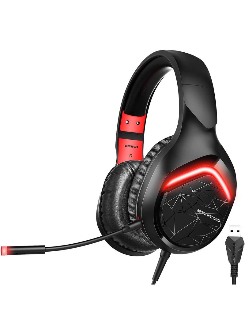 سوميك سماعة رأس للألعاب GS301، صوت محيطي 7.1 ستيريو بمنفذ USB مع ميكروفون قابل للفصل وإضاءة LED لجهاز PS4/PC/الكمبيوتر المحمول/Xbox One - Image 2