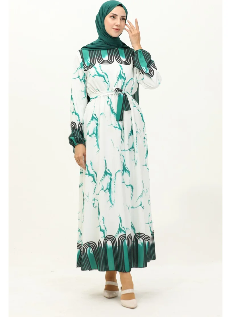 Sefa Merve Waist Gathered Digital Printed Dress 1115-04 Green White