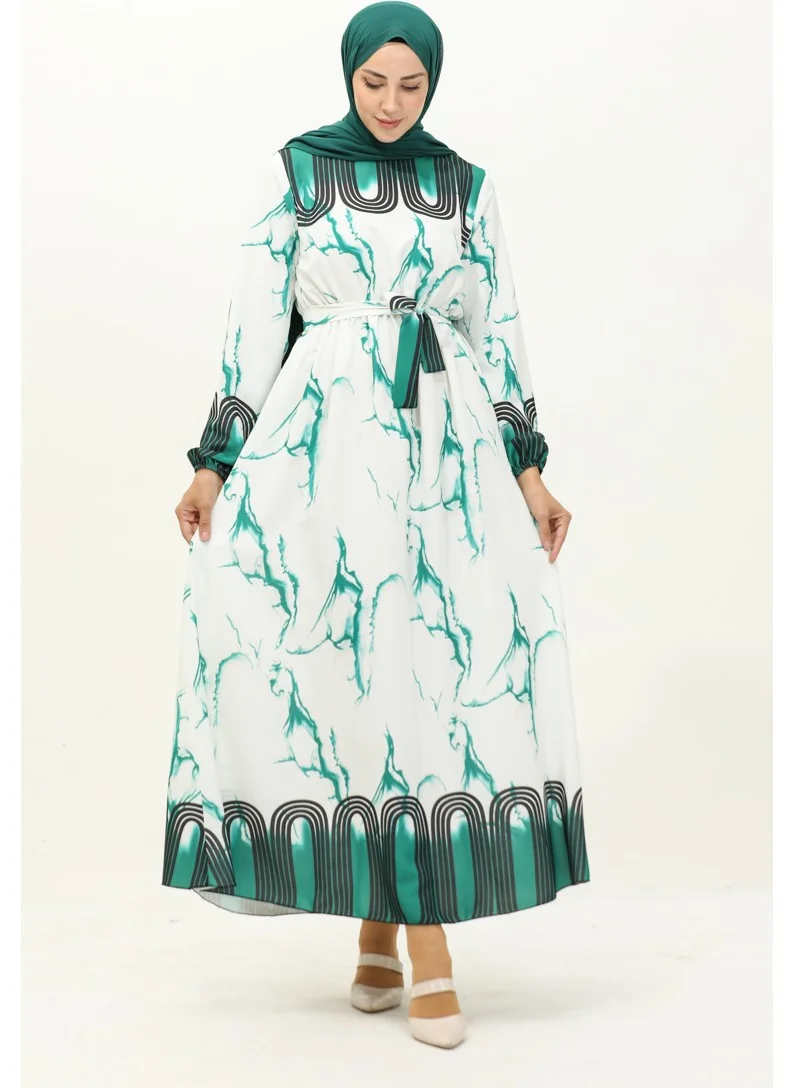 Sefa Merve Waist Gathered Digital Printed Dress 1115-04 Green White