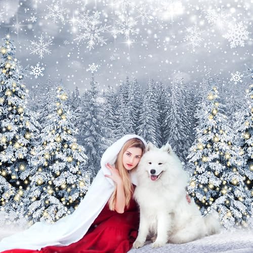 Mocsicka Winter Scene Backdrop Snowy Christmas Pine Tree Halo Spots Photography Background White Wonderland Snowflake Forest Party Holiday Photoshoot Props White 7x5ft - Image 3