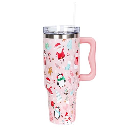 Whaline 40 oz Christmas Tumbler with Handle Straw and Lid Santa Snowman Penguin Travel Coffee Tumbler Cup for Xmas Winter Holiday Birthday Party Gift - Image 1