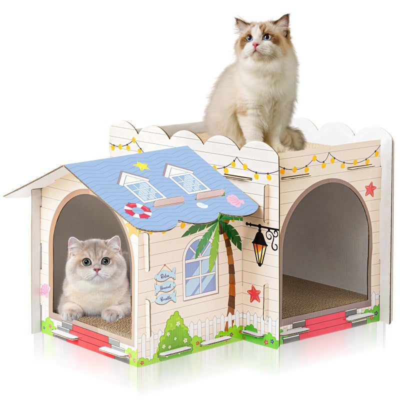 Lineshading بيت قطط من الكرتون مكون من طابقين مع لوحة خدش للقطط الصغيرة، 17×12×10، منزل وفيلا متعدد المستويات ومتين للقطط والأرانب والحيوانات الصغيرة، هدية عيد الميلاد (شاطئ) - Image 1